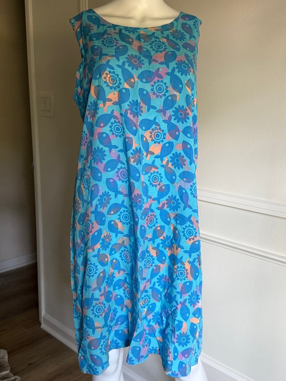 Blue Ginger Hawaiian Fish Print Rayon Shift Dress Tropical Sleeveless Size M